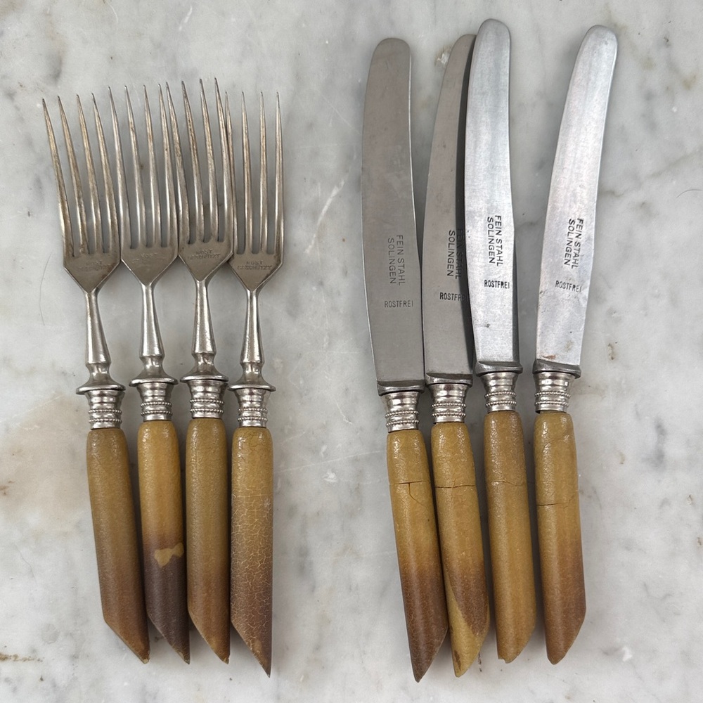 Vintage Solingen German Cutlery Set 4 knifes 4 forks butterscotch composition